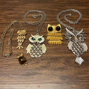 Awesome Vintage Owl Necklace/Brooch/Pennant LOT 5 Pieces Total Unknown Material